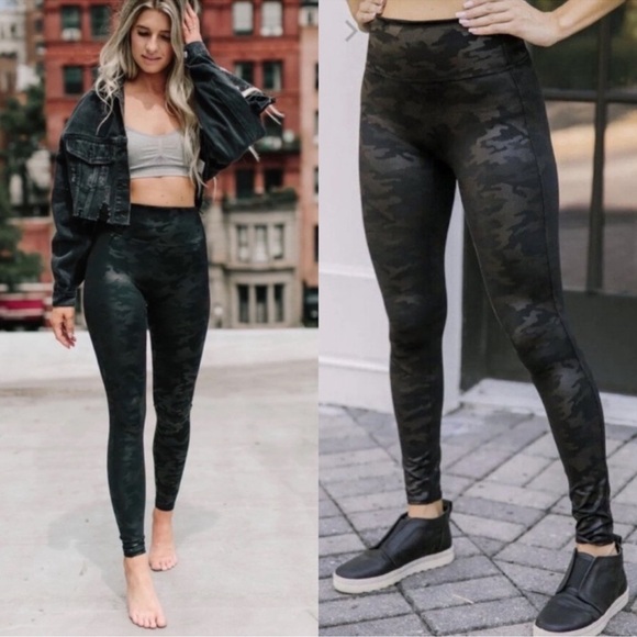 Spanx Leggings Womens XL Camo Faux Leather Matte Shine Shaping High Rise B28 - Picture 1 of 9